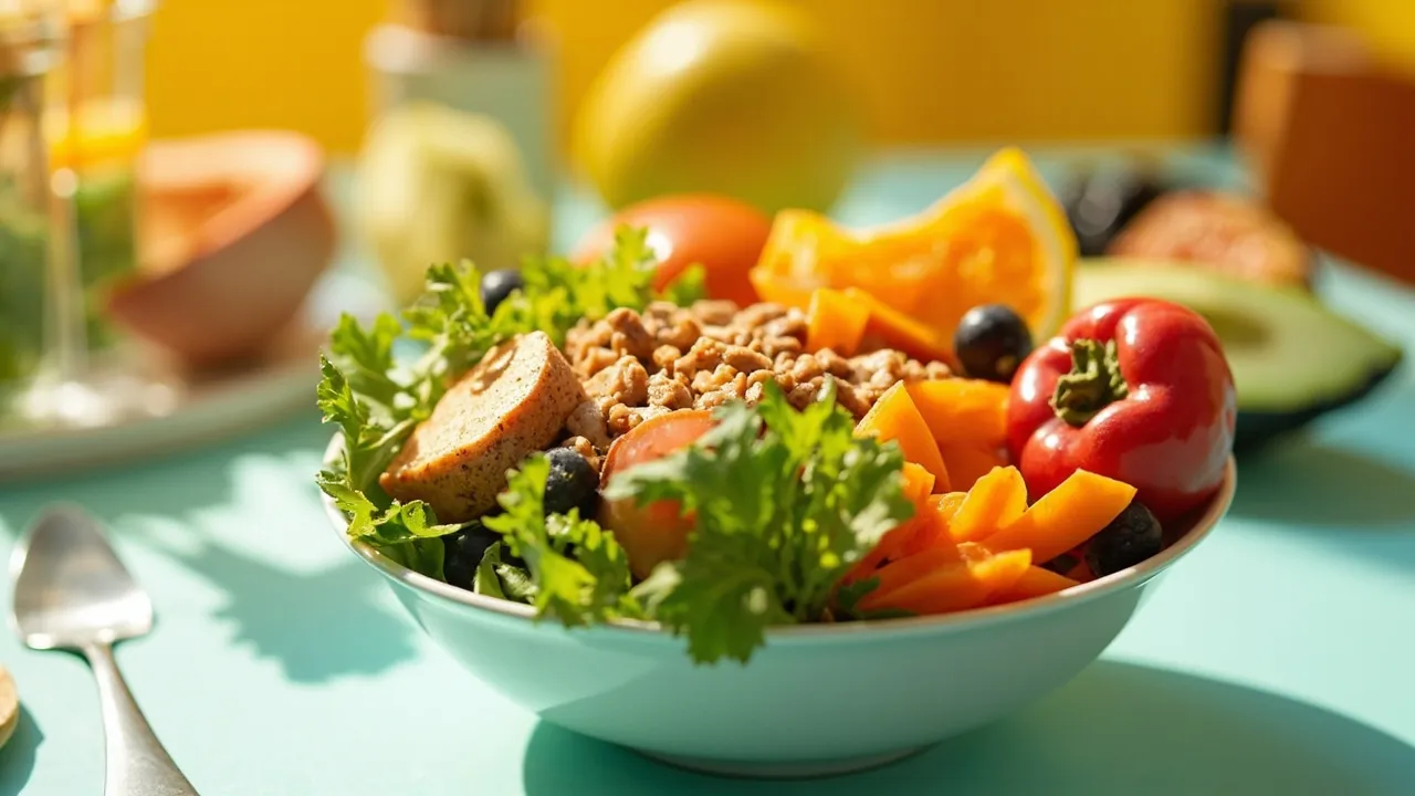 Bunte Schüssel mit frischem Gemüse, Obst und Vollkorn